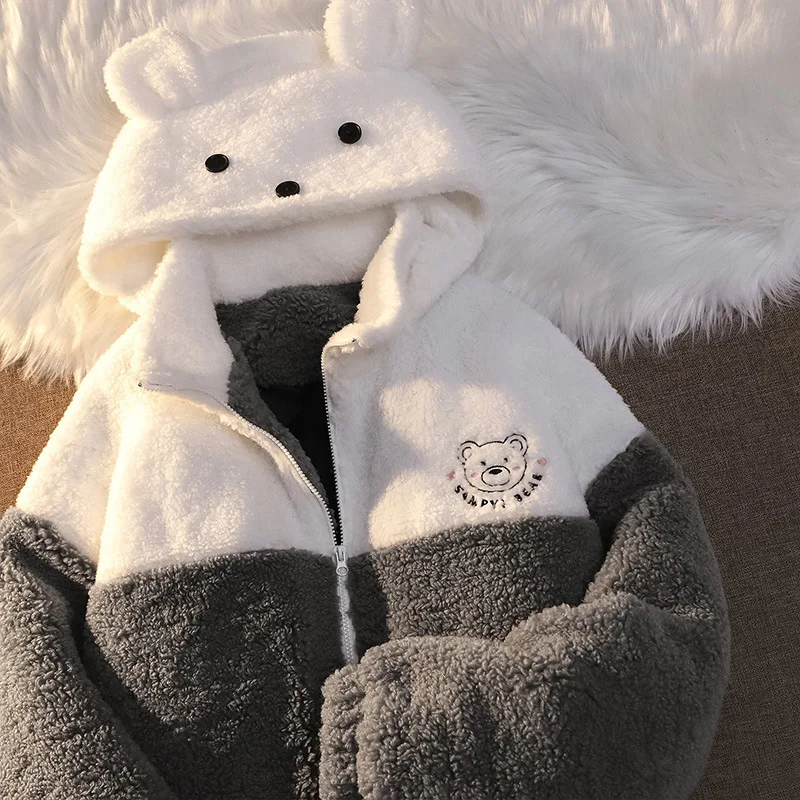 Milk Department Cute Little Bear Ears Lamb Wool Coat Female Autumn And Winter Thick Cashmere Student Loose Cotton Clothes