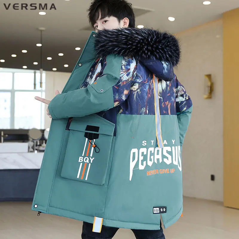 

VERSMA Korean Trendy Fur Collar Graffiti Printed Long Winter Parka Women Thick Warm Cotton Unisex Youth Parkas Men Jackets Coats