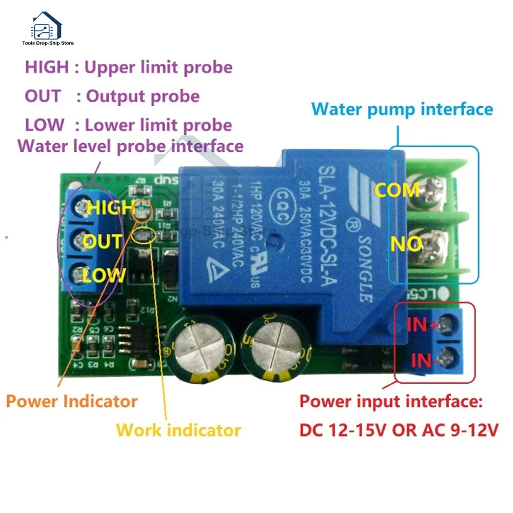 Imagem -03 - Potência Água Controlador de Nível Automático Líquido Sensor Interruptor Válvula Solenóide Motor Bomba Controle Relé Board 12v 30a Alta