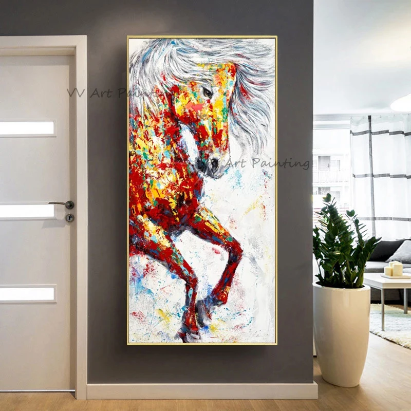 Abstract Pop Art Galloping Horse Canvas Oil Painting Handmade Multicolor Splatter Animal Artwork For Living Room Home Decoration