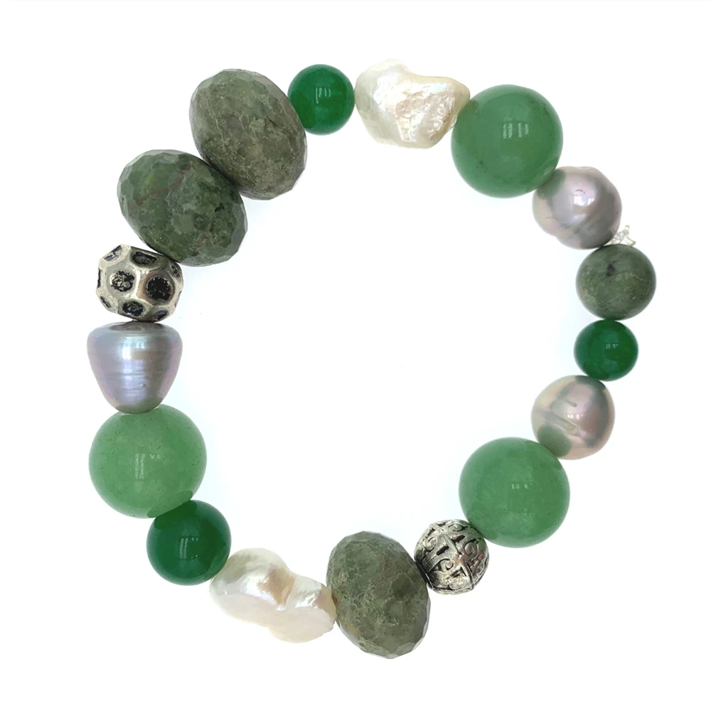 FoLisaUnique Natural Green Opal Jade Bracelet With Baroque Pearls Agate Antique Silver Plated Beads Stretchy For Women 7.5 Inch