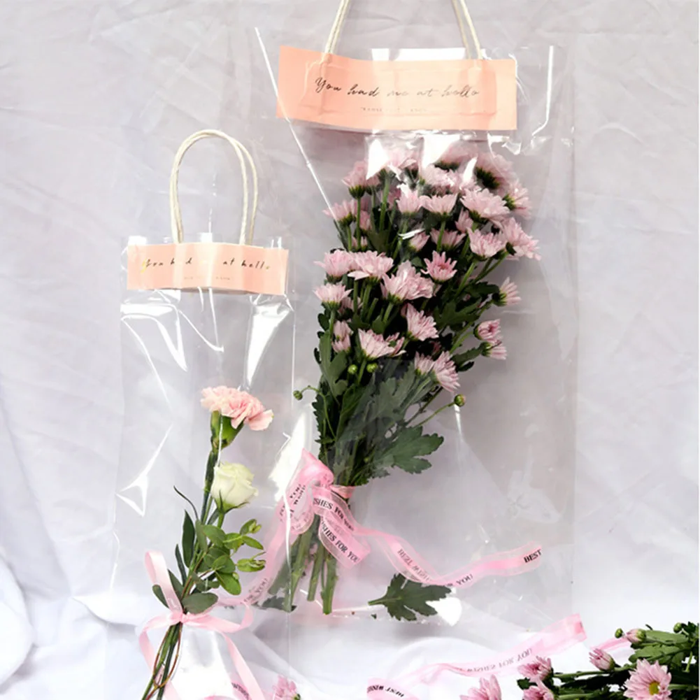 10PCS โปร่งใส PVC Tote กระเป๋าดอกไม้กระเป๋าถือแบบพกพาถุงบรรจุภัณฑ์ของขวัญเก็บของกระเป๋าดอกไม้กระสอบกระเป๋า