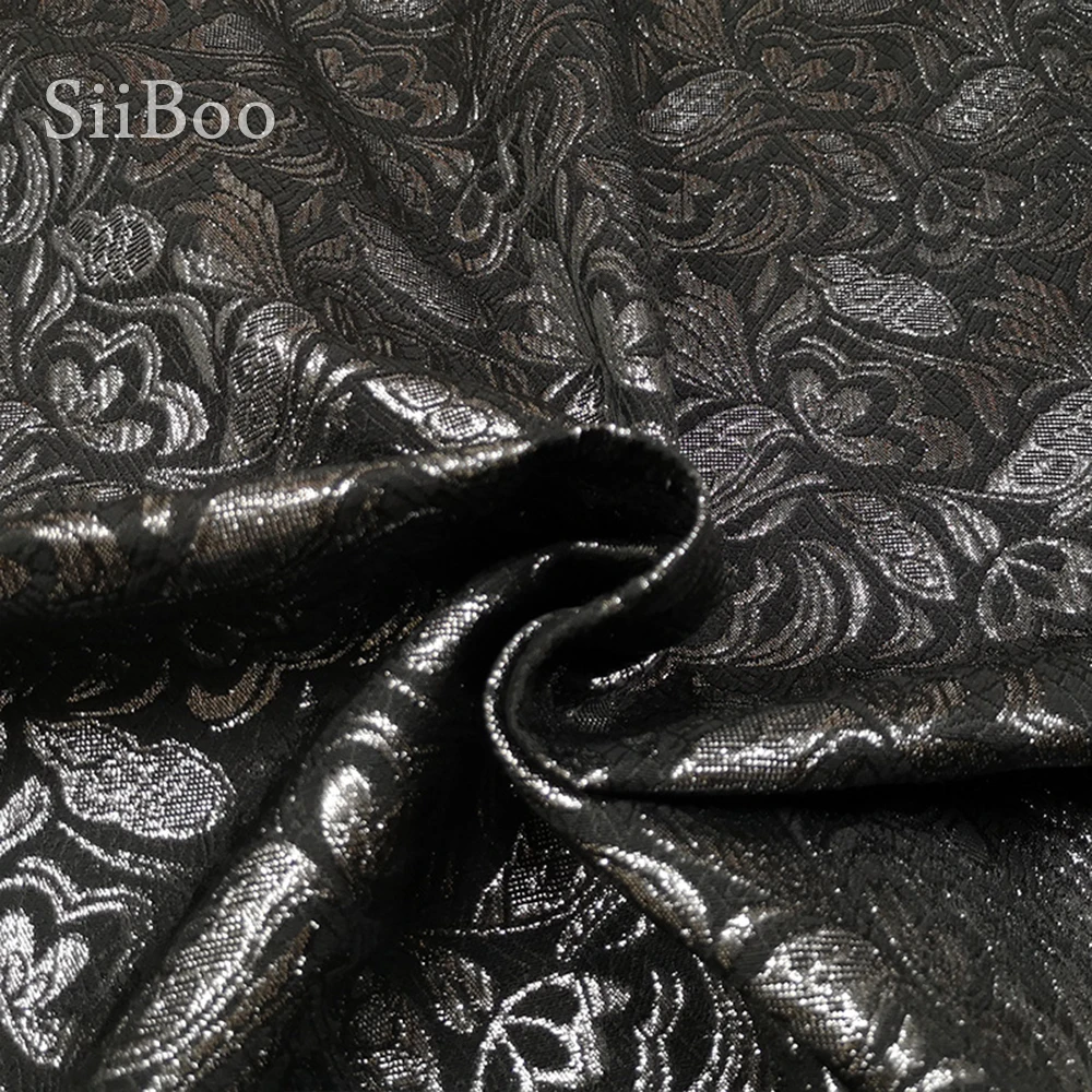 Italy retro floral embossed style black silver polyester metallic jacquard brocade fabric for spring suit set telas tissu SP5989