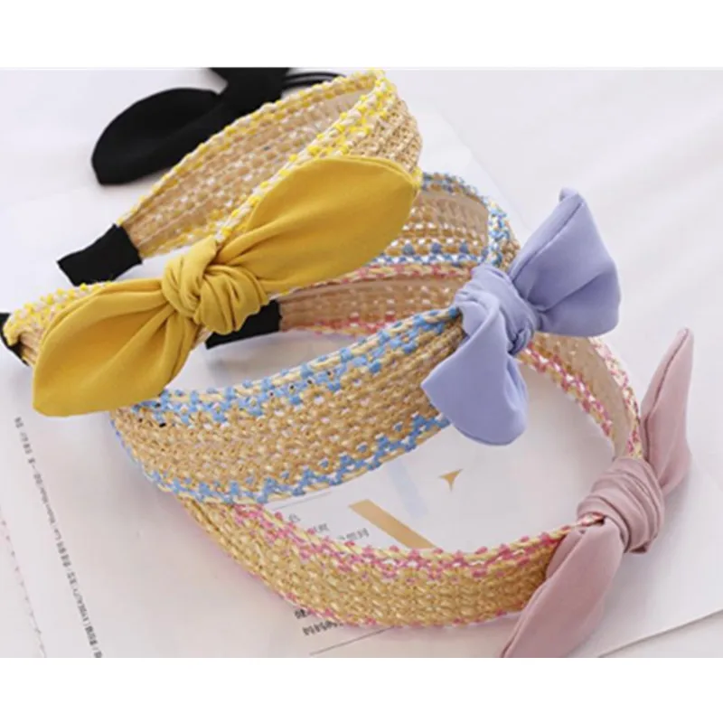 Hair Accessories for Women Handmade Rattan Bow Knot Hairband Korean Retro Hair Ornament Ladies Head Band Bunny Ear Knot Hairband