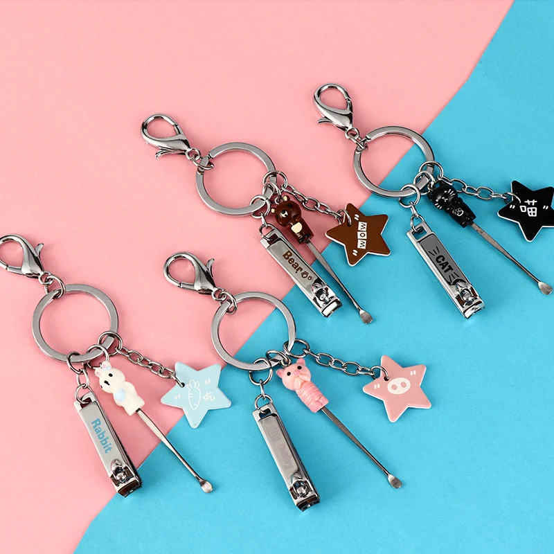 Cartoon Animal Nail Clipper Earpick Keychain Rabbit Pig Bear Yummy Food Pendant Bag Car Keyring Lanyard Men Women Couple Gift