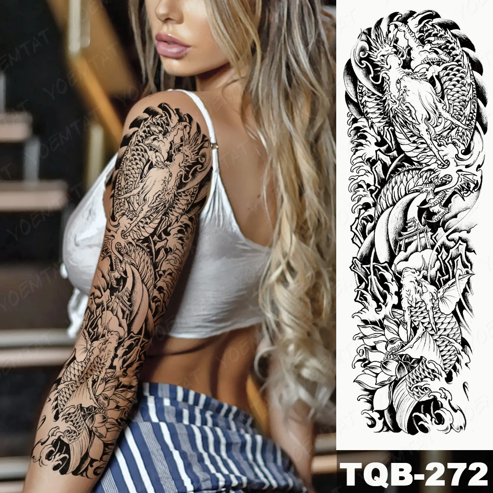 Full Arm Sleeve Water Dragon Sword Carp Waterproof Temporary Tattoo Stickers Women Thigh Back Transfer Fake Tattoos Body Art Men