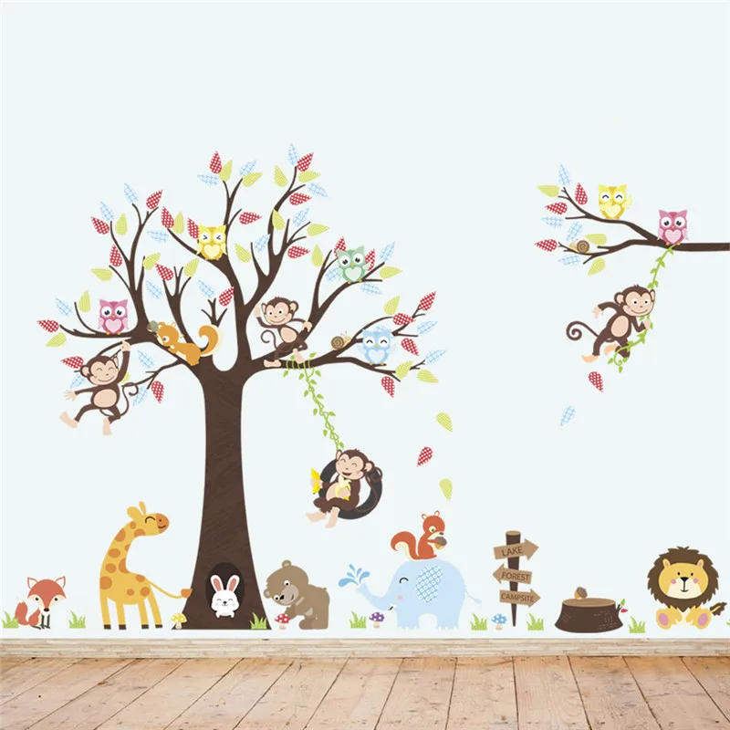 

Cute Animals With Large Tree Wall Stickers For Kids Room Kindergarten Home Decoration Monkey Giraffe Elephant Mural Art Decals