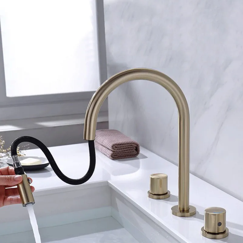 Brushed Gold Bathroom Pull Out Basin Faucet Deck mounted Double Handle Swivel 360 Mixer Sink Taps 3 Hole Split Faucet