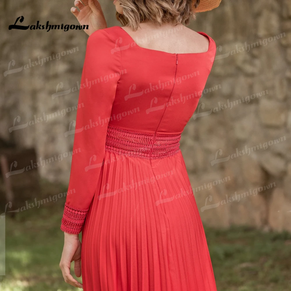 Red Scoop Neck Pleat Mother of the Bride Dresses Long Sleeves Floor Length Wedding Party Gowns vestidos de fiesta para bodas