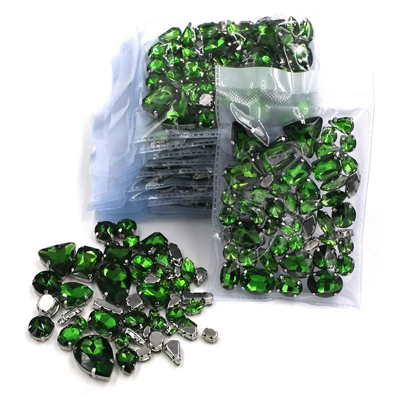 Clothing Accessories  Wholesale 5 Bags Mixed Shape Glass Crystal Sliver Base Grass Green Sew On Rhinestones Diy Wedding Dress