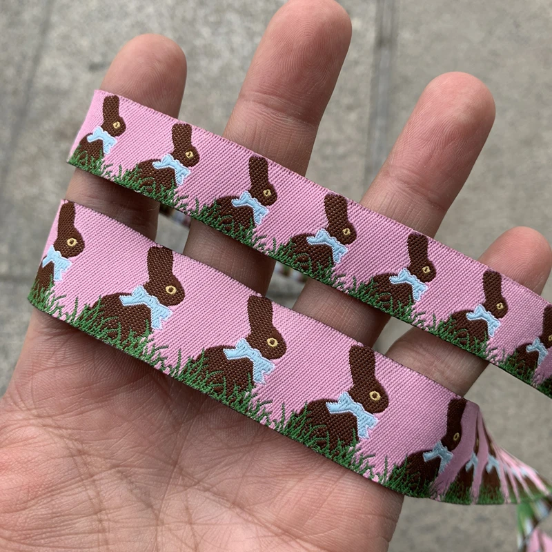 5YARD 7/8 Or 5/8 Inch 22MM Or 16MM Cute Pink Bunny Cartoon Woven Jacquard Ribbon For Dog Collar