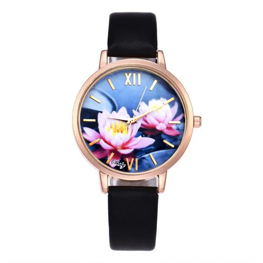 Shsby Brand Flowers Cowhide Leather Strap WristWatches Fashion Ladies Quartz Watch Women Dress Watches Femme Gold Casual Watch