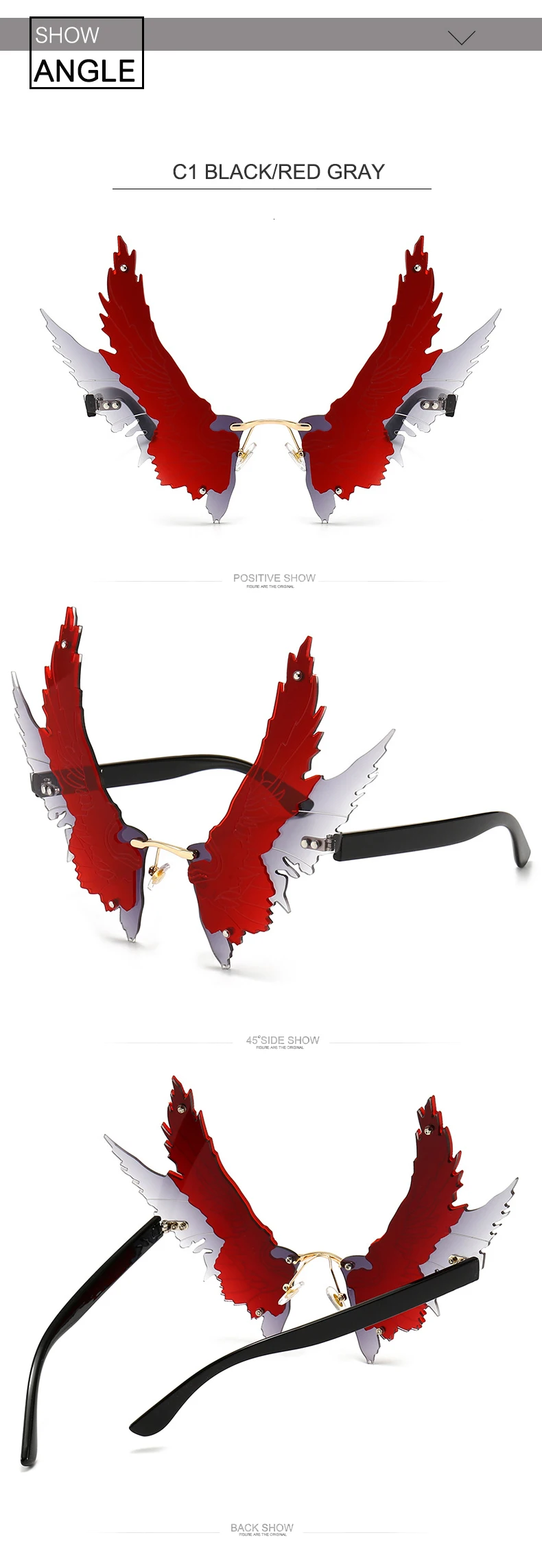 OEC-MANAGEMENT CPO Einzigartige Flügel Randlose Sonnenbrille Frauen Mode Großen Rahmen Steampunk Sonnenbrille Weibliche Rahmenlose Bunte Party Gläser Männer – Detail 6