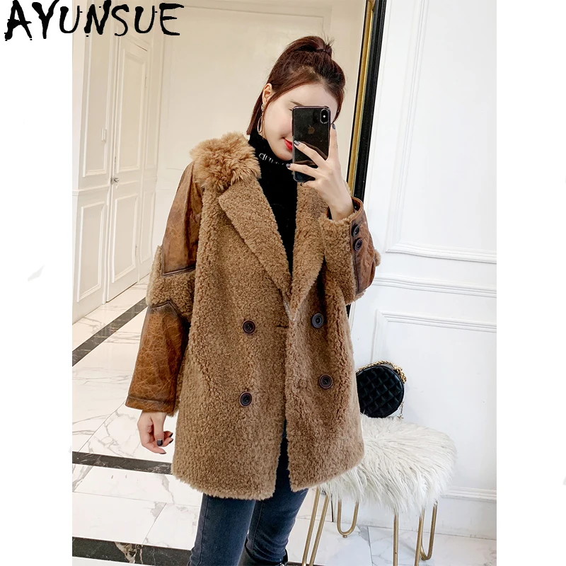 AYUNSUE Real Sheep Shearling Fur Coat Winter Coat Women Clothes 2020 Real Wool Coat Female Suede Leather Jacket Manteau Femme