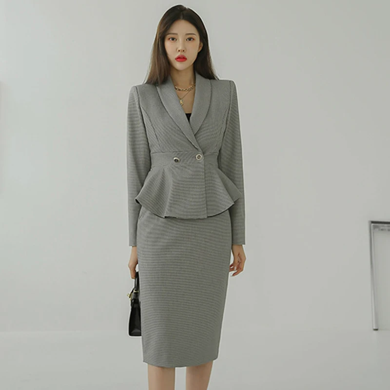 Moda coreana retrò donna temperamento pied de poule doppio petto giacca cappotto abito Blazer gonna a vita alta femminile Set 2 pezzi