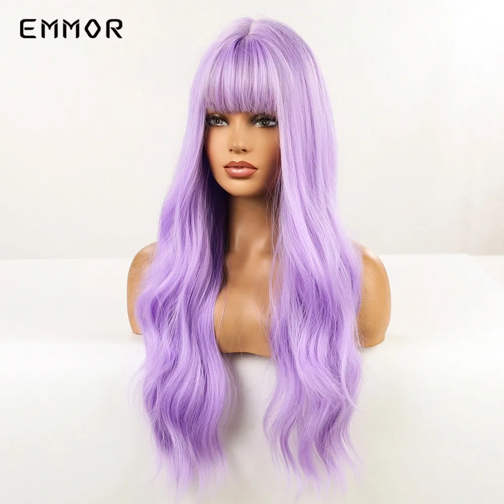 Emmor สีม่วงสังเคราะห์ Wigs สำหรับผู้หญิง Cosplay Party Lolita Wigs Bangs อุณหภูมิสูงธรรมชาติยาวผม Wigs