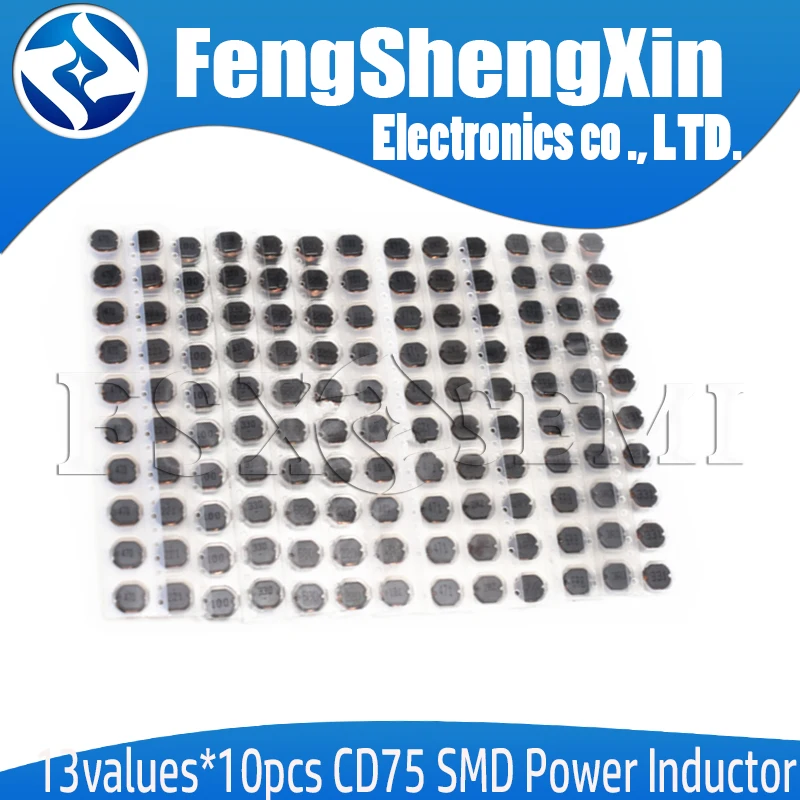 13values*10pcs CD75 SMD Power Inductor Assortment Kit 2.2UH-470UH Chip Inductors CD75 Wire Wound Chip