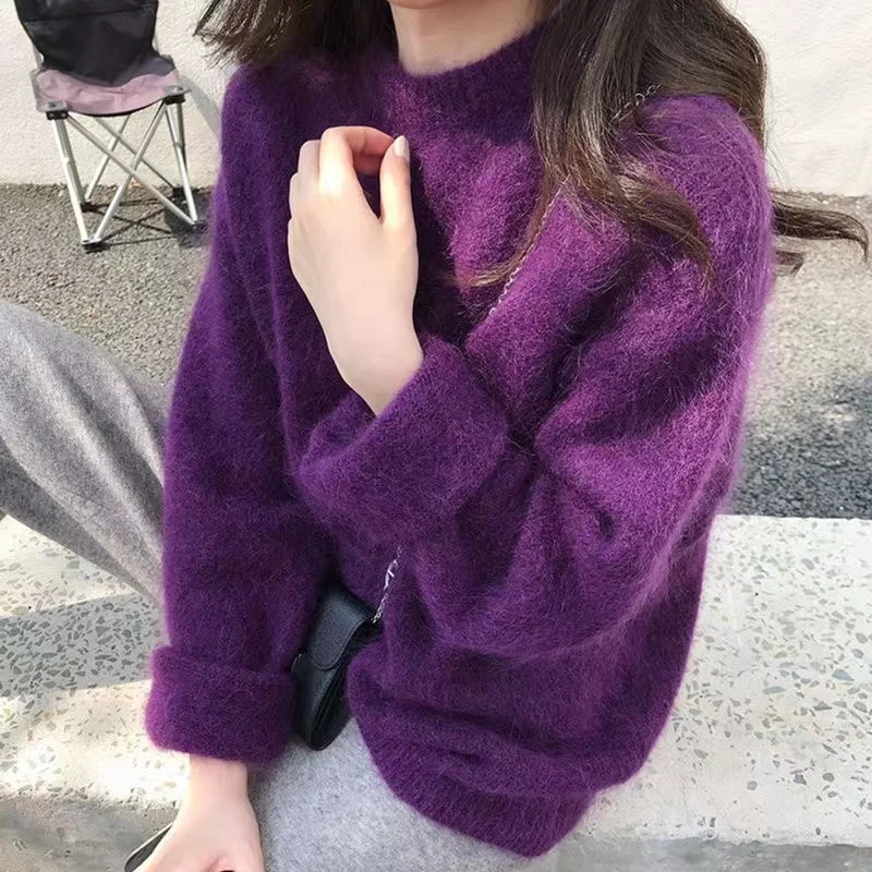 2023 High Quality Women Purple Knitted Pullovers New Designer Autumn Winter O Neck Soft Mink Cashmere Loose Sweater Lazy Style