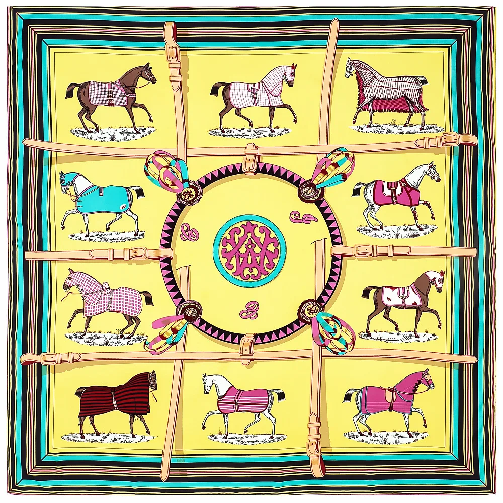 POBING Silk Scarf Women Large Shawls Ten Horse Print Square Bandana Luxury NecKerchief Hijab Scarf Female Foulards 130CM