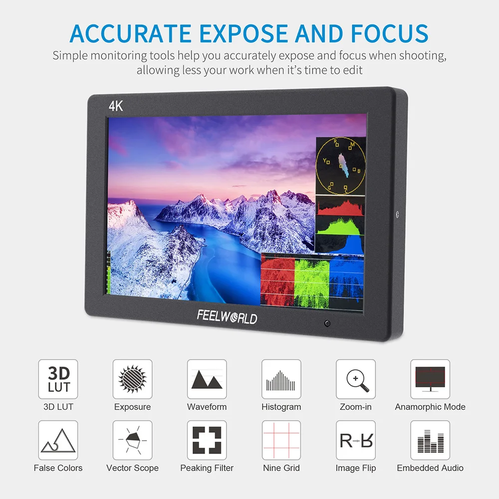 Feelworld T7 PLUS V2 7 Inch 3D LUT On Camera Field DSLR Monitor 4K HDMI Full HD 1920x1200 IPS  Waveform Vector Aluminum Housing