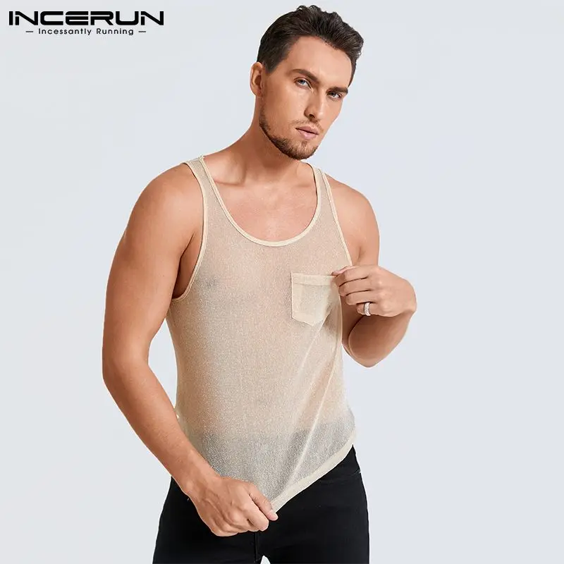 2023 Summer Tank Tops INCERUN Men Sleeveless Mesh Thin Tops Round Neck See Through Vests Man Fashion Pocket Vests Streetwear 5XL