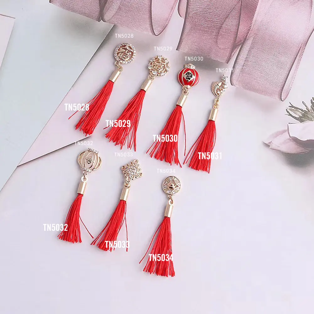 5Pcs จีน Knot ใหม่โคมไฟสีแดงพู่ตกแต่งเล็บ Zircon อัญมณีคริสตัล Rhinestones เล็บอุปกรณ์เสริมเล็บ Charms