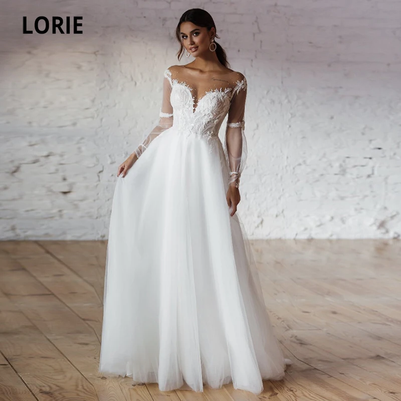 

LORIE Long Sleeve Wedding Dress 2022 O-Neck Appliques Lace A-Line Tulle Beach Wedding Gown Modern Bridal Dress vestido casamento