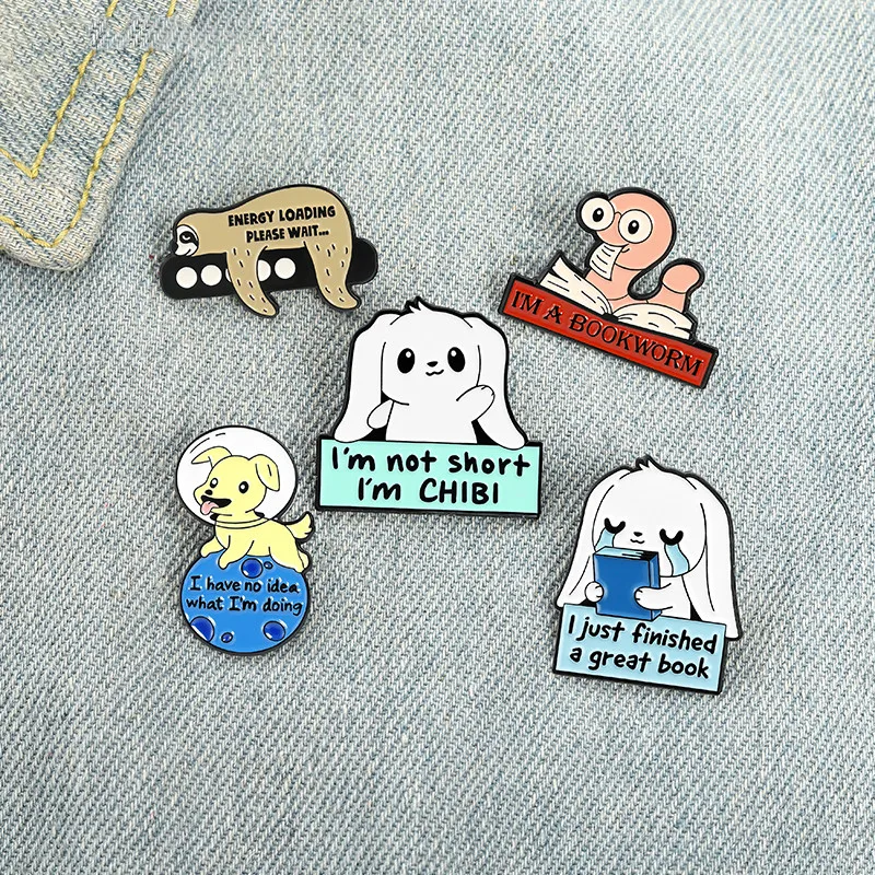 Bookworm Enamel Pins Custom Rabbit Dog Sloth Brooch Lapel Pin Badge Bag Cartoon Animal Jewelry Gift for Kids Friends Wholesale