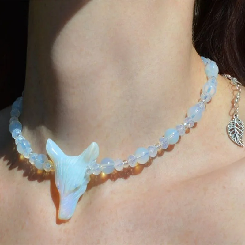 Opalite wolf necklace, white wolf jewelry, witchy opalite necklace, ice queen witch jewelry