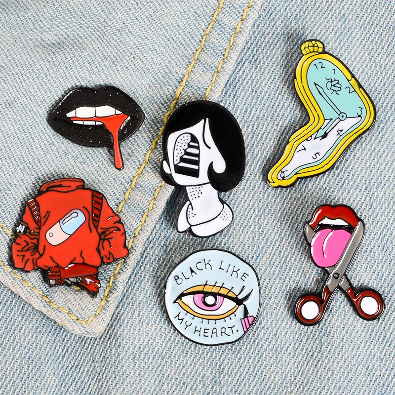 Pill Eyeliner Tongue Lips Enamel Pins Twisted Clock Girl Brooches Denim Shirt Lapel Pin Bag Punk Cool Jewelry Gift for Friends