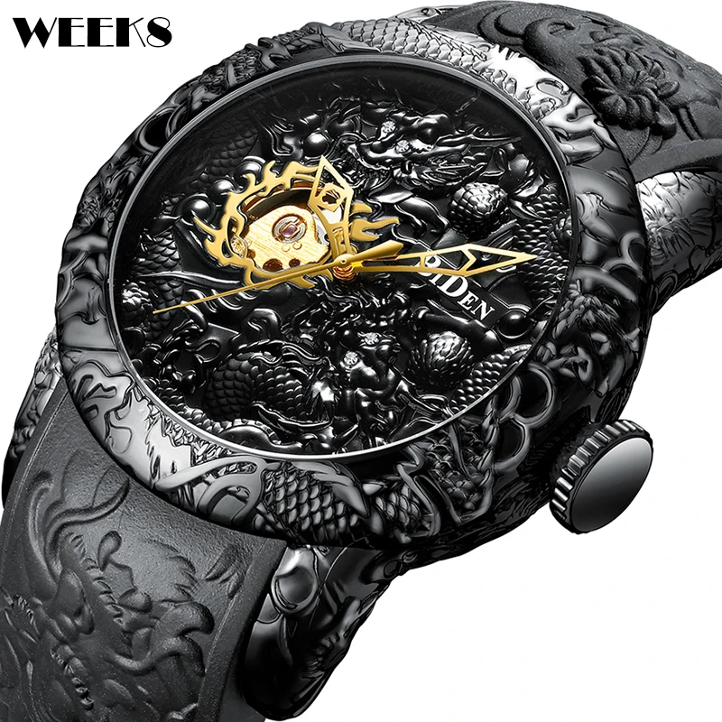 Automatic Mechanical Watch Luxury Black Gold Dragon Sculpture Men Wristwatch Waterproof Male Hip Hop Silicone Clock Reloj Hombre