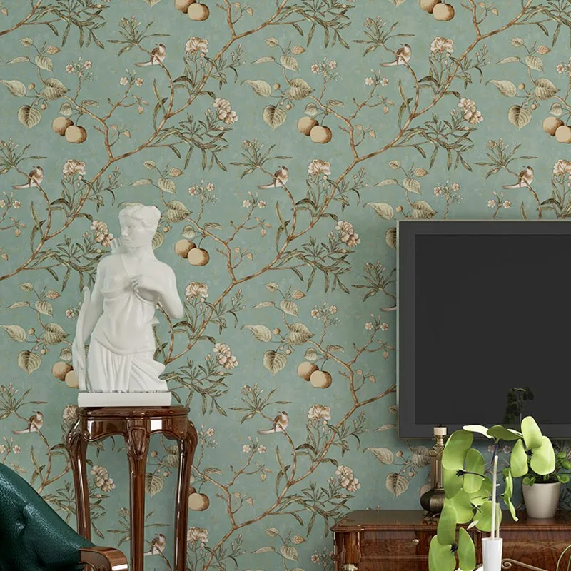 Country Wallpaper, Idyllic Style, Retro Nostalgic, Living Room, Bedroom, Dark Green, Flowers and Birds, TV Background Wall