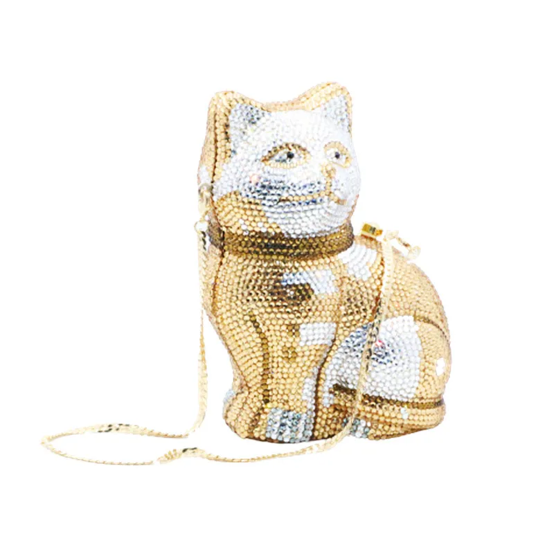 BoutiqueGG Shape Lovely Cat Women Golden Crystal Minaudiere Clutch Animal Evening Bags Lady Formal Dinner Handbag Toiletry Purse