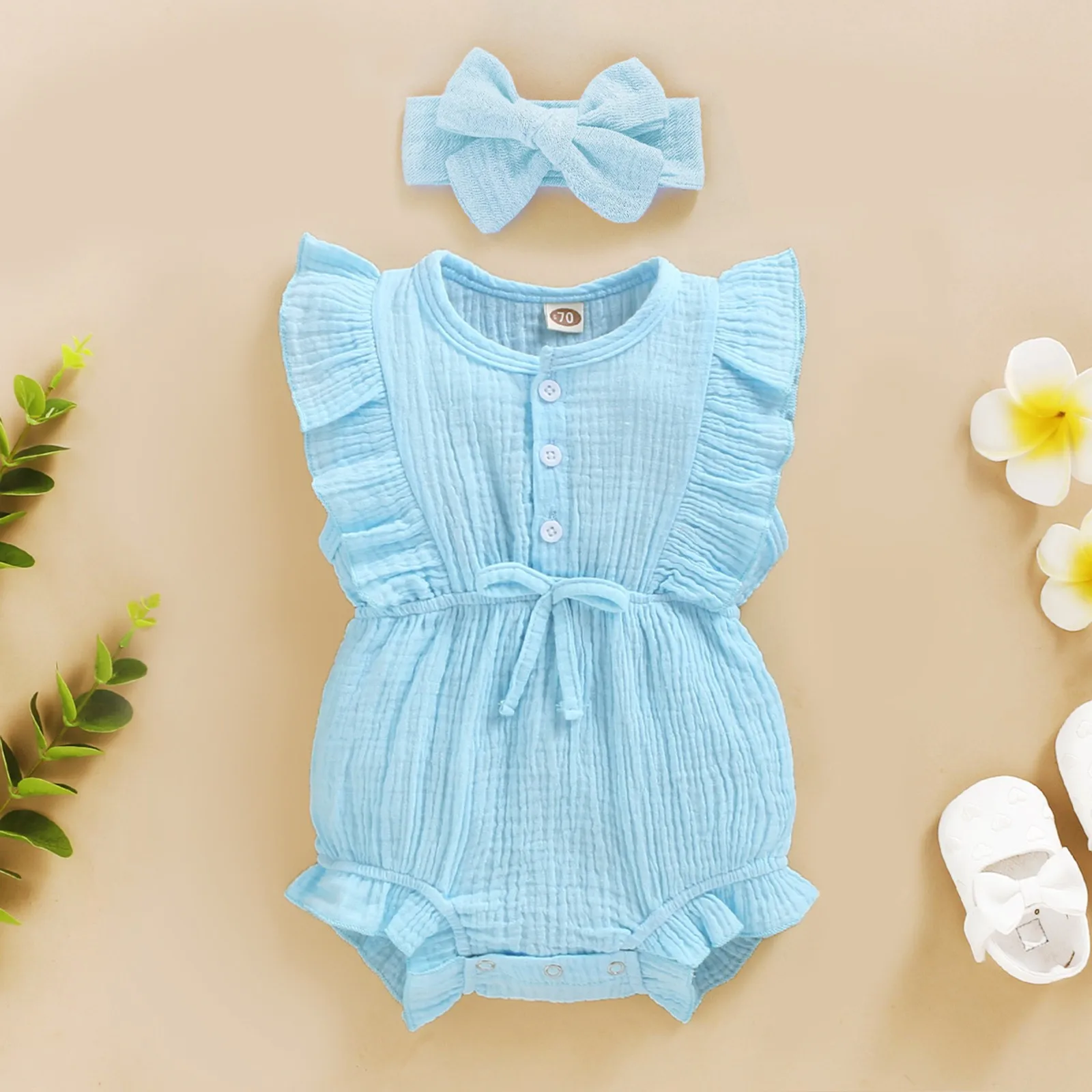 Summer Fashion New Baby Romper Kids Baby Clothes Girl Sleeveless Ruffle Button Romper jumpsuit+Headband Set для новорожденных