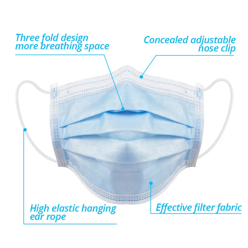 10-600pcs Disposable Blue Filter Face mask Adults security protection mask Non-wove Protective masks 3 Layer Ply mascarilla