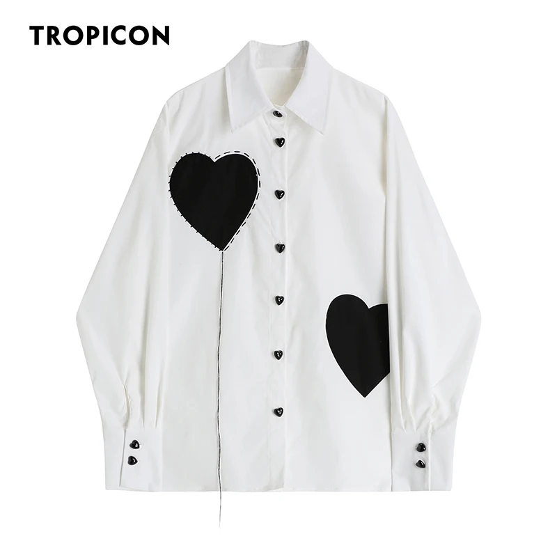 TROPICON Heart White Button Up Shirt For Women Fall Fashion Long Sleeve Designer Top And Bloues 2021 Collared Shirt Clothing