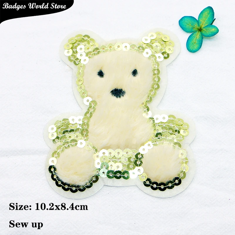 Cute Heart-shaped Bear Chenille Sequins Icon Towel Embroidery Applique Patches For Clothing DIY Iron on Badges on the Backpack