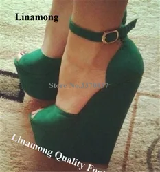 Linamong Super High Wedges Peep Toe Suede Leather High Platform Wedge Pumps Ankle Strap Green Height Increased Wedges Dress Heel