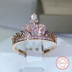 925 Silver Exquisite Princess Crown Ring For Ladies Rose Gold Zircon Ring Engagement Birthday Jewelry Gift