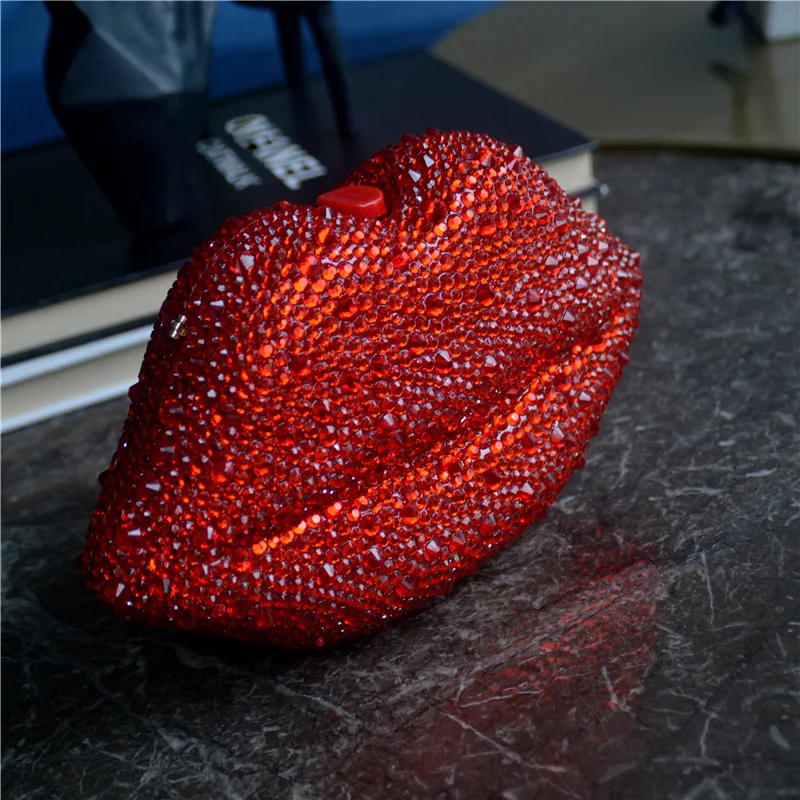 Luxury Red Lip Handmade Diamond Evening Bag For Women 2021 Wedding Bride Clutch Zero Wallet Cocktail Dinner Party Prom Handbag