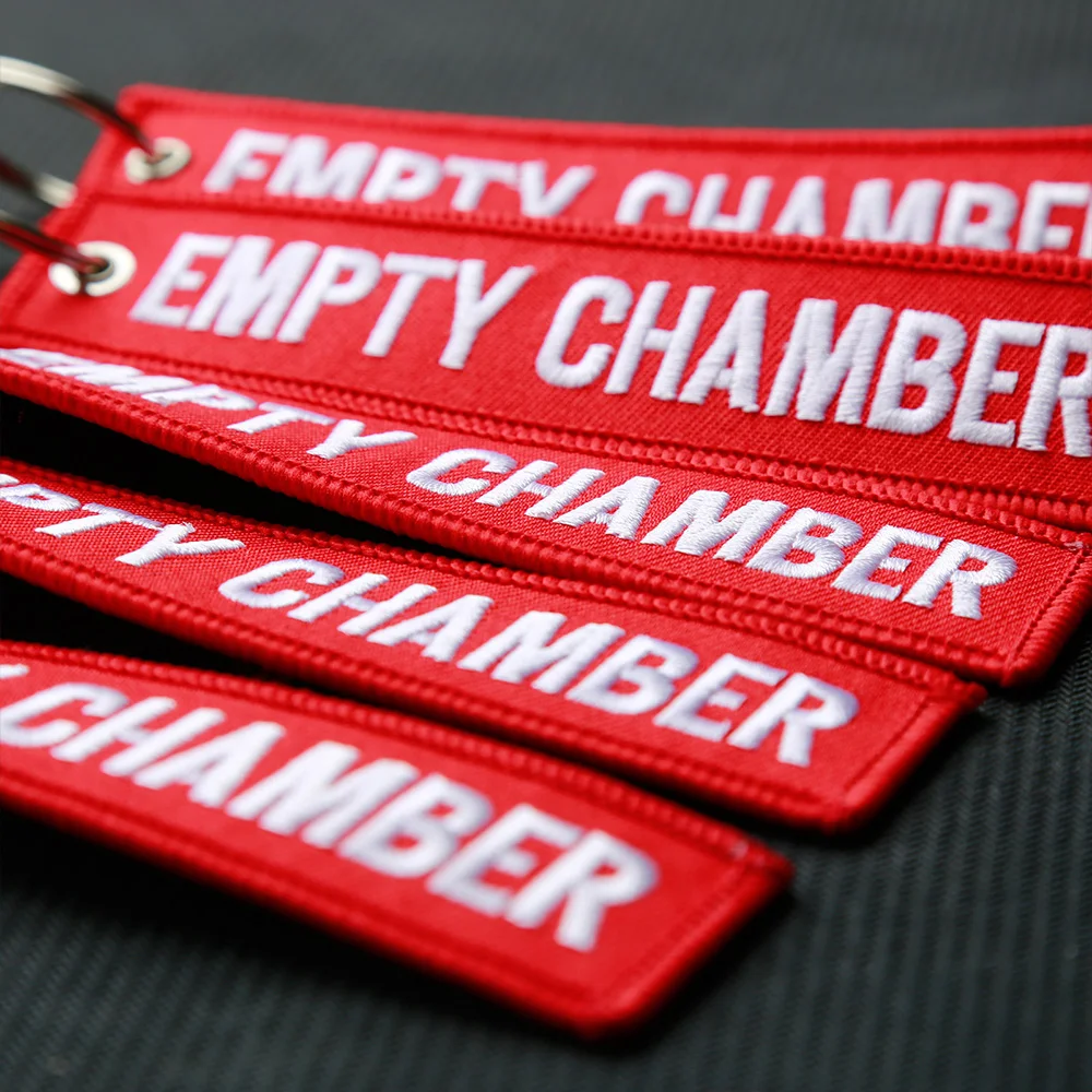 6 Pcs Empty Chamber Key Chains Aviation Safety Tag Indicator Red Double Sided Letter Embroidered Key Fobs Flags Loop Key Chain