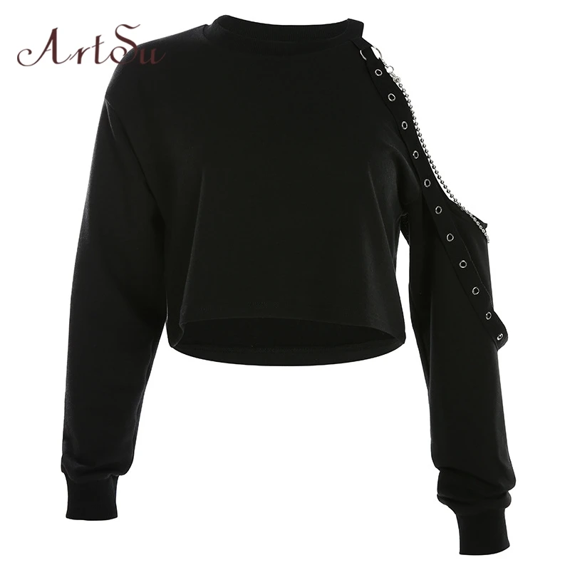 ArtSu Punk Chain Off spalla T Shirt donna manica lunga Sexy felpa Casual Solid Crop Top vestiti autunnali ASTS60491