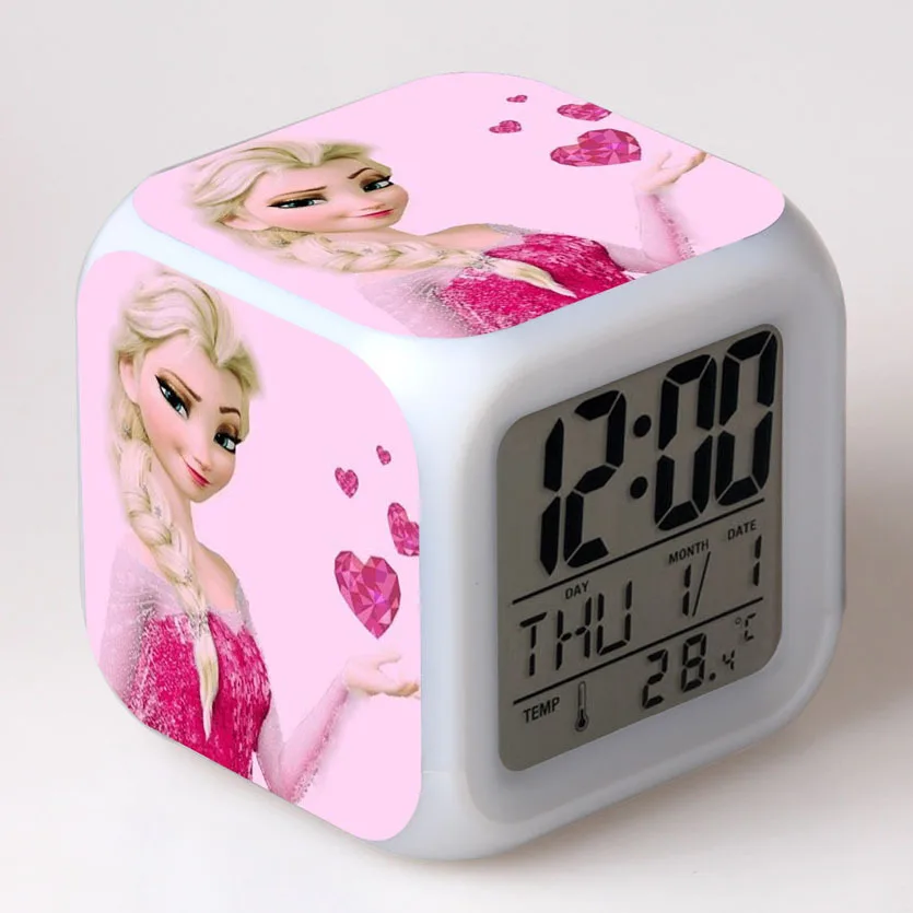 Frozen 2 Colorful LED Luminous Creative Alarm Clock Disney Anime Figure Elsa Anna Olaf Pattern Girls Toys Child\'s Birthday Gifts