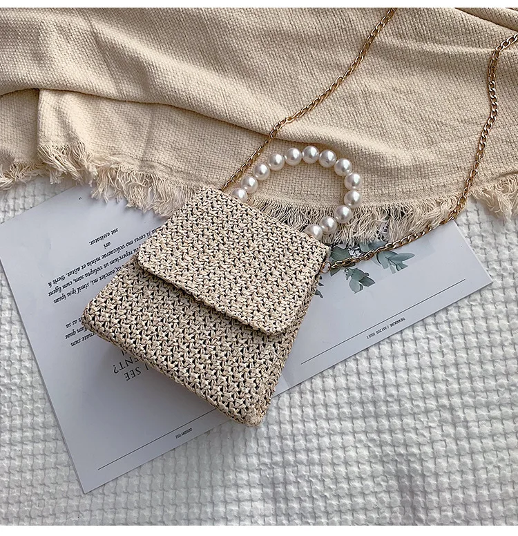 Fashion straw bags rattan weave with pearl charm women handbags luxury handmade paper shoulder crossbody bags summer beach purse