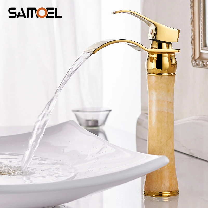 

Luxury Brass Deck Mount Bathroom Golden Marble Faucets Mixers Gold Waterfall Washbasin Cold Hot Water Tap M1037