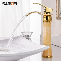 Luxury Brass Deck Mount Bathroom Golden Marble Faucets Mixers Gold Waterfall Washbasin Cold Hot Water Tap M1037