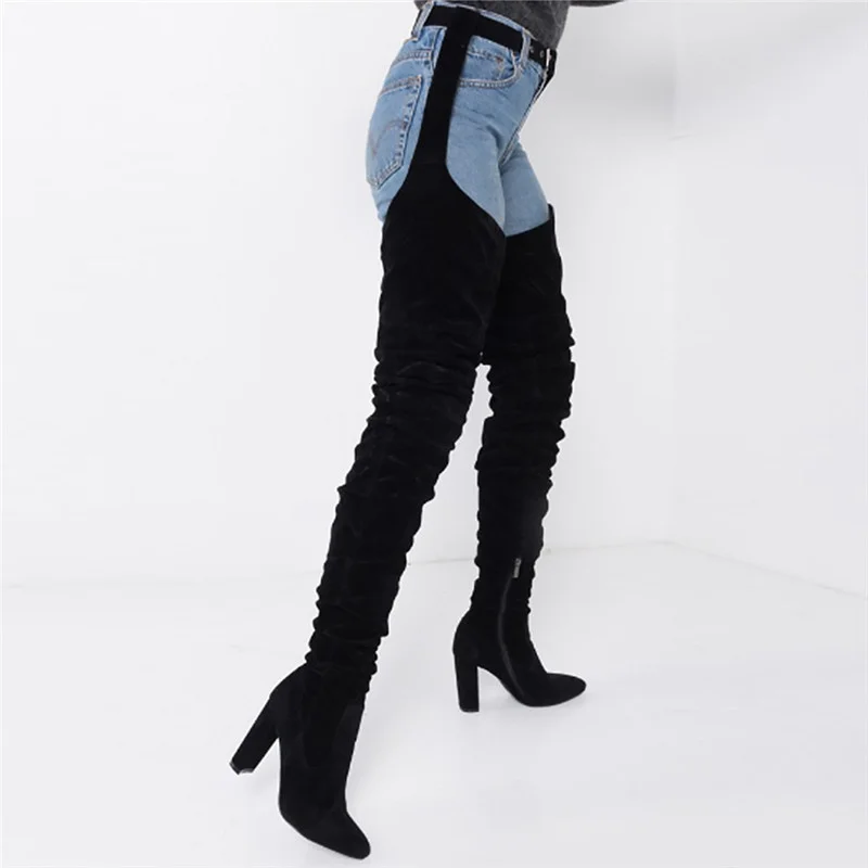 Boots Women 2023 Winter Sexy Army Green Belt Thigh High Boots Chunky Heels Suede Big Size 43 Over The Knee Girl Fashion Shoes