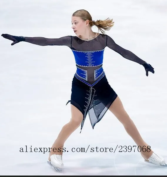 

Blue Figure Skating Dress Custom Women Custom Ice Dance Dresses Kids Free Shipping