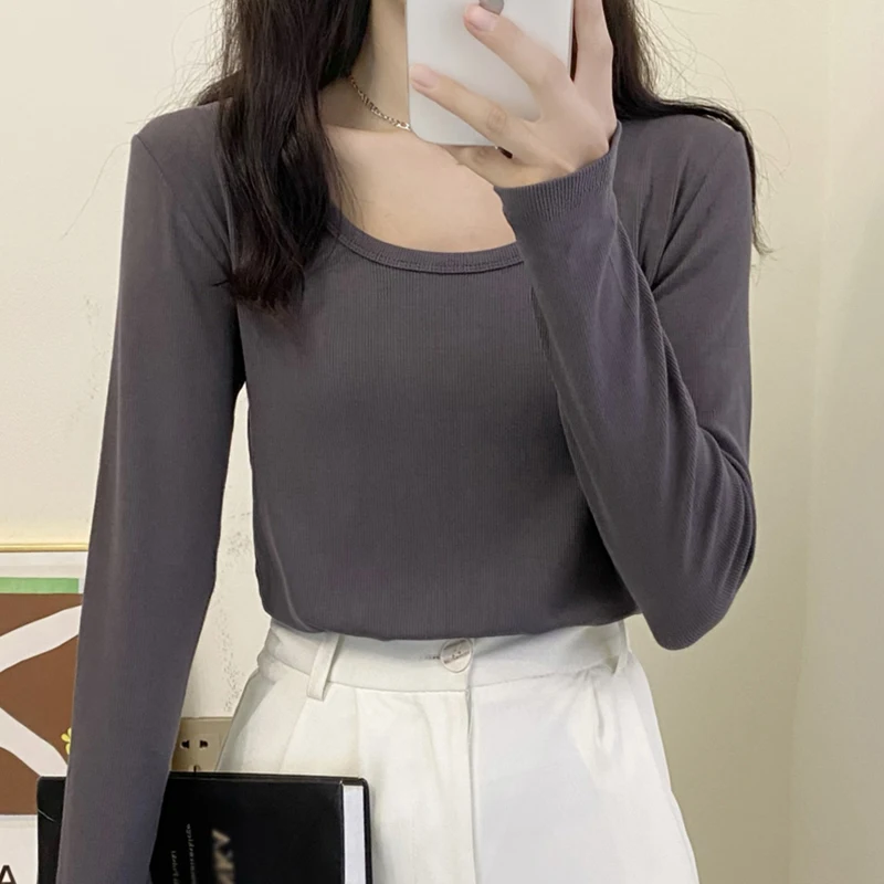 Tee Shirt Femme Solid Screw Thread T Shirt Women Spring Long Sleeve Top Poleras Mujer Slim Cotton Tshirt Korean Clothes Autumn