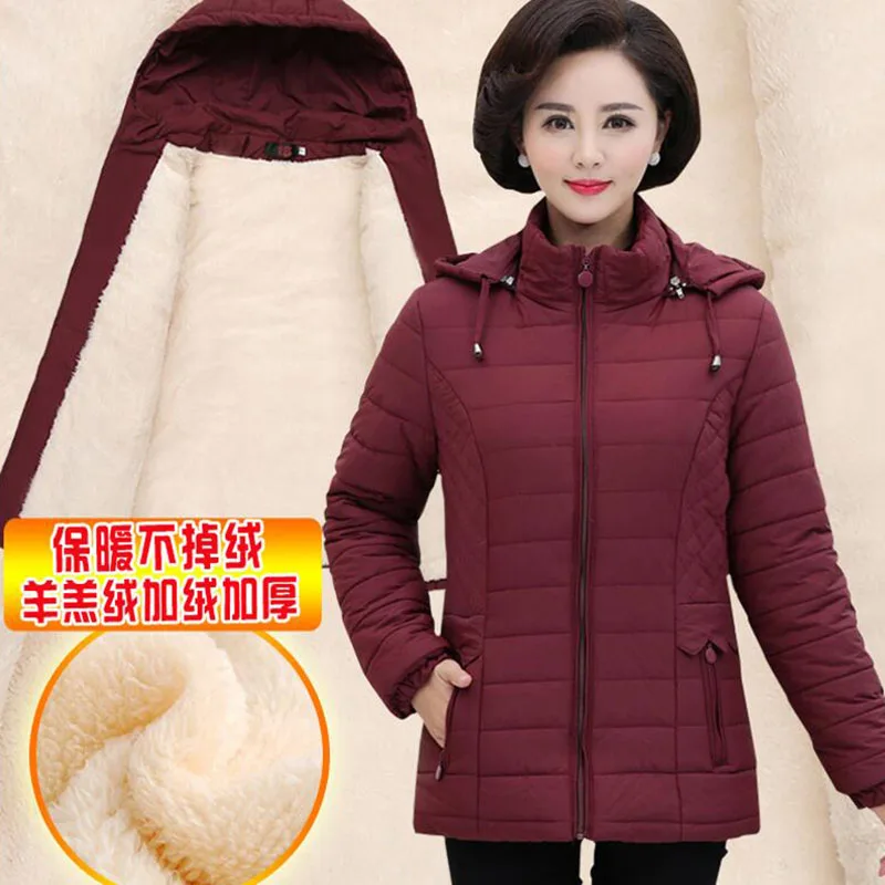 Middle-aged Women\'s Parkas Basic Jackets Autumn Winter Add Velvet Lamb Hooded Coats Cotton Winter Jacket Womens Mama Overcoat